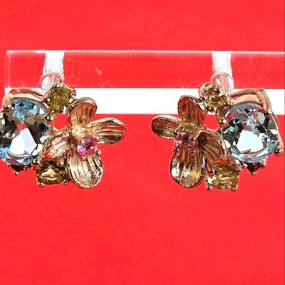 925 Sterling Silver Flower Earrings with Natural Topaz & Tourmaline Gems - Picture 2 of 6